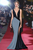 Mermaid Black White Deep V Neck Long Gala Dress