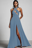 Dark Green Halter Keyhole A Line Formal Dress With Slit