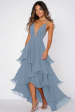 Red A Line Spaghetti Straps Tiered High Low Formal Dress