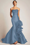 Strapless Mermaid Satin Black Tie Dress With Ruffles