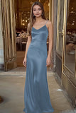 Spaghetti Straps Satin Black Sheath Long Formal Dress