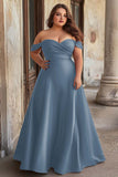 Plus Size Dark Green Off The Shoulder Satin A Line Formal Dress