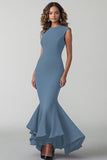 Plum Crepe Mermaid Round Neck Long Formal Dress
