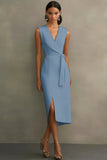 White Satin V-Neck Midi Formal Dress with Belt