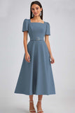 A Line Sky Blue Square Neck Midi Wedding Guest Dress with Belt