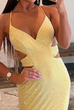 Elegant Yellow Cutout Waist Lace Up Long Beaded Prom Dress
