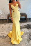 Elegant Yellow Cutout Waist Lace Up Long Beaded Prom Dress