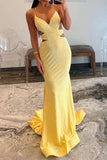 Elegant Yellow Cutout Waist Lace Up Long Beaded Prom Dress