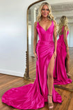 Purple Mermaid V-Neck Zipper Back Satin Long Prom Dress With Split