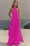 Simple White Halter A Line Chiffon Wedding Guest Dress