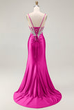 Grey Pink Spaghetti Straps Mermaid Long Prom Dress with Beading