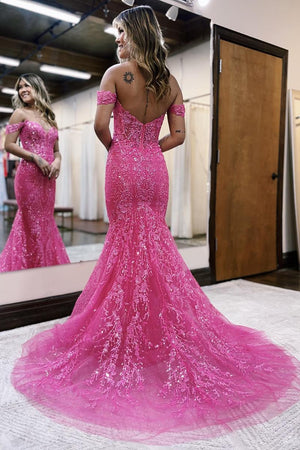 Stylish Fuchsia Long Mermaid Off The Shoulder Prom Dress With Appliques