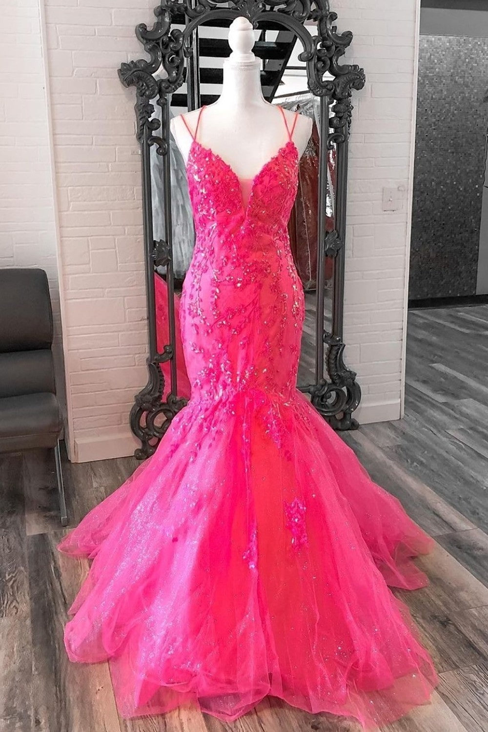 Glitter Hot Pink Double Straps Lace Up Mermaid Prom Dress With Appliques