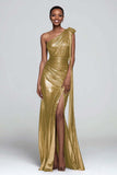 Metallic Ruched Brown One Shoulder Maxi Dress With Slit