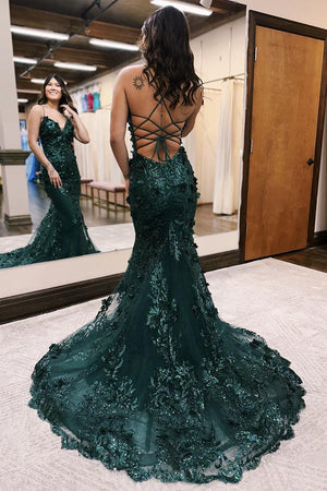 Glitter Dark Green Mermaid Spaghetti Straps Lace Up Prom Dress With Sequin