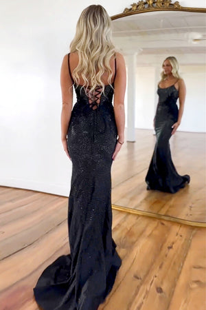 Black Glitter Beaded Mermaid Spaghetti Straps Lace Up Long Prom Dress