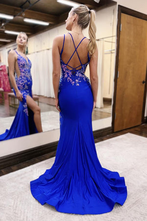 Glitter Mermaid Spaghetti Straps Lace Up Long Prom Dress With Appliques