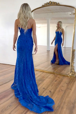 Glitter Beaded Mermaid Strapless Long Lace Prom Dress With Slit