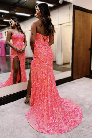 Sequin Mermaid Strapless Lace Up Long Prom Dress With Slit