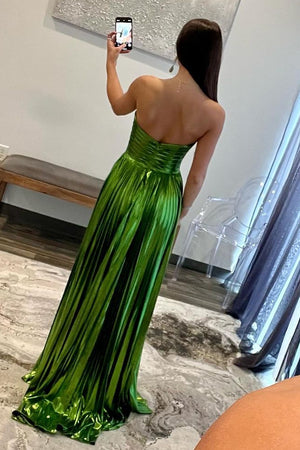 Metallic Green A-Line Strapless Zipper Back Long Prom Dress With Slit