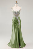 Grey Pink Spaghetti Straps Mermaid Long Prom Dress with Beading