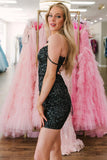 Sparkly Sequins Hot Pink Bodycon V Neck Spaghetti Straps Homecoming Dress