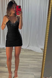 Black Corset Tight Spaghetti Straps Short Homecoming Dress with Beading