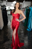 Corset Strapless Red Mermaid Prom Dress With Slit