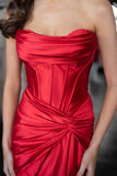 Corset Strapless Red Mermaid Prom Dress With Slit