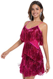 Tiered Fuchsia Fringed Sheath Cocktail Dress