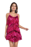 Tiered Fuchsia Fringed Sheath Cocktail Dress