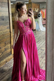 Glitter Fuchsia Pleated A Line Corset Prom Dress with Slit