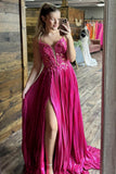 Glitter Fuchsia Pleated A Line Corset Prom Dress with Slit