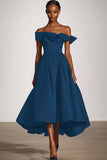 Off The Shoulder A Line Black Satin Midi Formal Dress