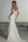 Ivory Off The Shoulder Mermaid Long Wedding Dress With Slit