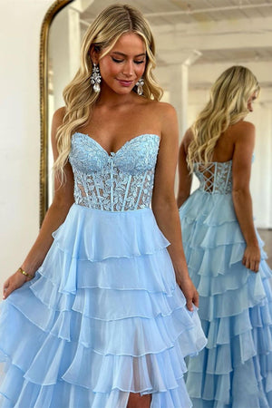 Light Blue A-line Chiffon Sweetheart Lace Up Long Prom Dress With Slit
