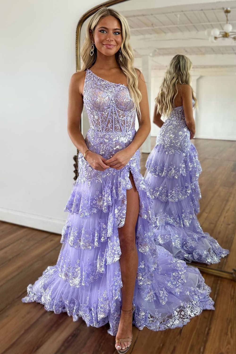 Lilac Sparkly One Shoulder Long Prom Dress With Appliques And Split