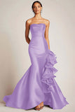 Strapless Mermaid Satin Black Tie Dress With Ruffles