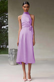 Pink A Line High Neck Ruched Tea Length Satin Formal Dress
