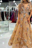 Luxurious Gold A-Line Cap Sleeves Long Sparkly Prom Dress With Appliques