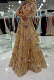 Luxurious Gold A-Line Cap Sleeves Long Sparkly Prom Dress With Appliques