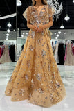 Luxurious Gold A-Line Cap Sleeves Long Sparkly Prom Dress With Appliques