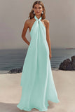 Simple White Halter A Line Chiffon Wedding Guest Dress