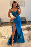 Navy Satin Sweetheart Mermaid Long Prom Dress With Split
