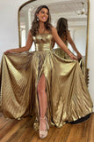 Gold Metallic A-Line Halter Neck Long Prom Dress With Slit