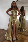 Gold Metallic A-Line Halter Neck Long Prom Dress With Slit