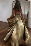 Gold Metallic A-Line Halter Neck Long Prom Dress With Slit