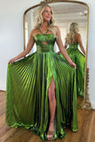Gold Metallic A-Line Halter Neck Long Prom Dress With Slit