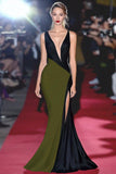 Mermaid Black White Deep V Neck Long Gala Dress