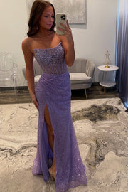 Gorgeous Sparkly Lavender Strapless Mermaid Long Prom Dress With Split